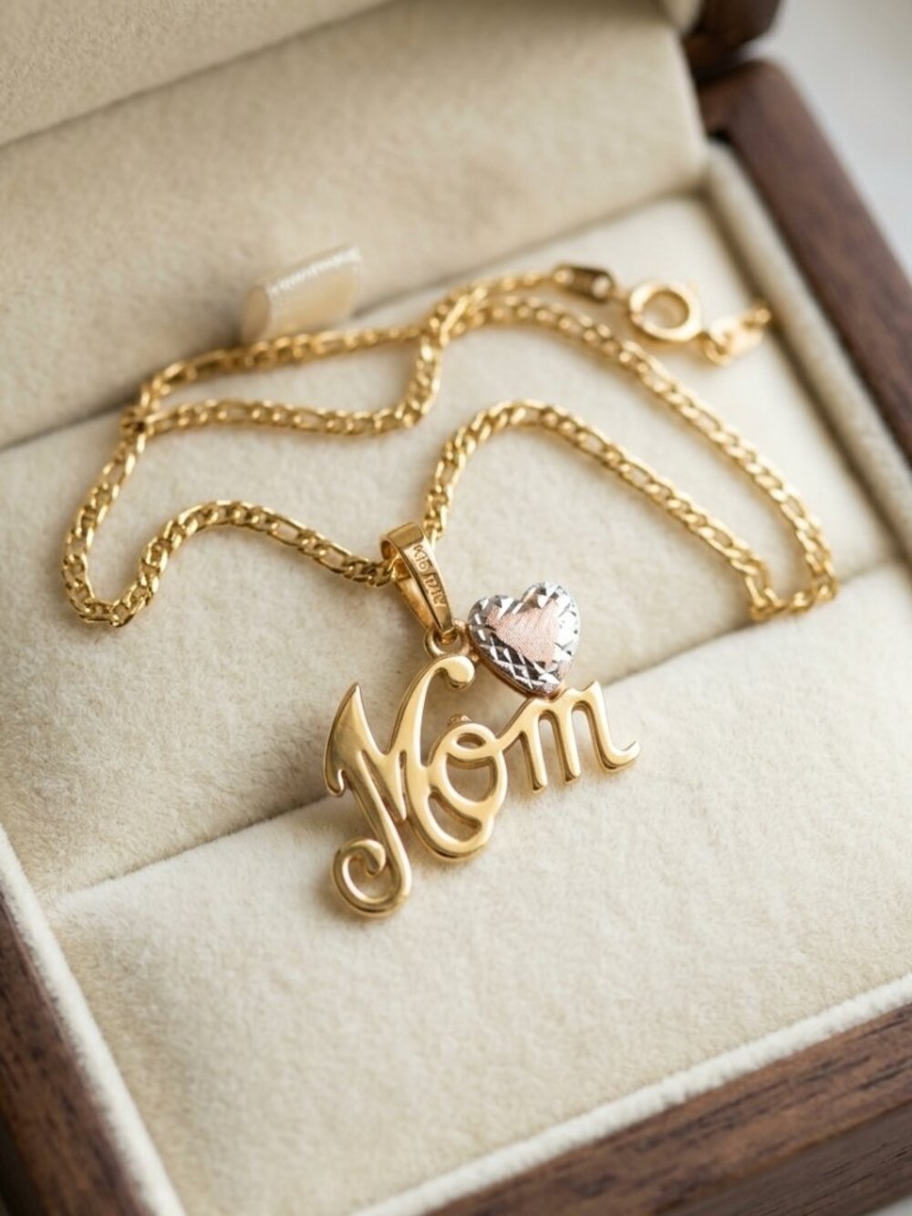 Authentic 18K Gold "Mom" Pendant & Chain Necklace - Italian Tri-Color Gold